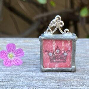 Pink Queen Crown and Initial "J" Charm/Pendant w/Silver Border EUC!